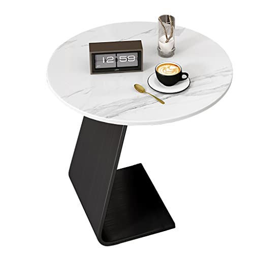 MYXJX Beistelltisch, Nachttisch for Schlafzimmer mit Steinplatte, Kleiner runder Ecktisch fürs Wohnzimmer, multifunktionale Regallasche mit Eisenhalterung(White,45CM) von MYXJX