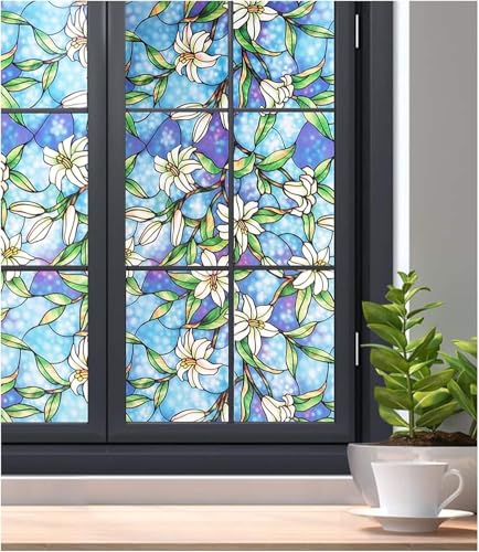 MYXJX Fensterfolie für mehr Privatsphäre, Vinyl Statisch Haftenden Privatsphäre Gemalt Lilie Kunst Glas Aufkleber Gebeizt Fenster Abdeckung Tür Film(45 X 200 cm) von MYXJX