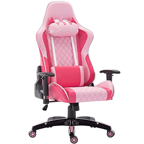 MYXJX Gaming-Stuhl, Gamichair Computer Gamichair Ergonomischer Recliniracichair PC-Schreibtischstuhl Katzenförmige Kopfstütze Lordosenstütze Rosa Mädchenmodell Ergonomie/Rosa von MYXJX