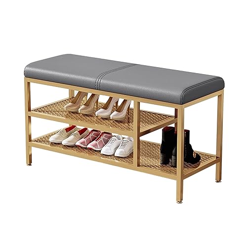 MYXJX Schuhbank, Goldfarbene PU-Polsterung mit Schuhregal, Schuhaufbewahrung, Nizer-Bank for Flur, Wohnzimmer, Schlafzimmer, stilvolle und funktionale Möbel(Grey,60 x 32 x 47 cm) von MYXJX