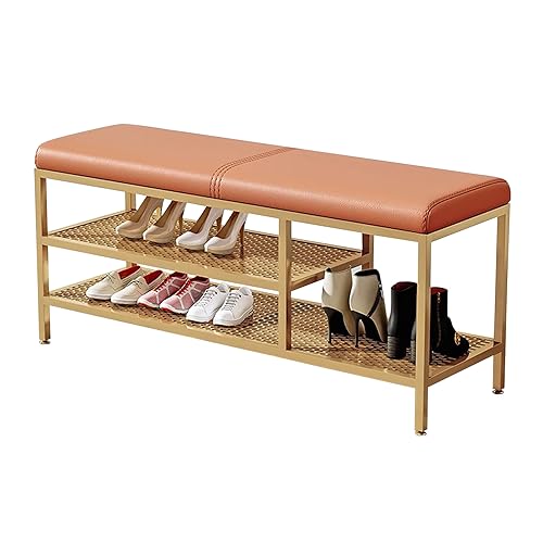 MYXJX Schuhbank, Goldfarbene PU-Polsterung mit Schuhregal, Schuhaufbewahrung, Nizer-Bank for Flur, Wohnzimmer, Schlafzimmer, stilvolle und funktionale Möbel(Orange,100 x 32 x 47 cm) von MYXJX