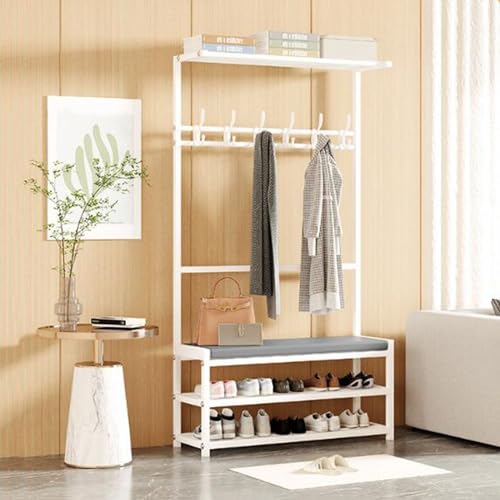 MYXJX Schuhbank, Mit 6 Haken und 2-stufigem Schuhregal Moderner Industrie-Eingangsbereich nizer 4-in-1-Garderobenständer-Aufbewahrungslösung(White,(40 x 25.5 x 160cm)) von MYXJX