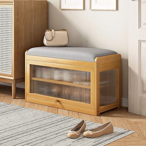 MYXJX Schuhbank, Schuhbank und Aufbewahrungsbank for den Eingangsbereich mit Klapptüren und Ledersitzkissen, 2-stufige gepolsterte Schuhaufbewahrung(Wood,68x31x45cm(27x12x18inch)) von MYXJX