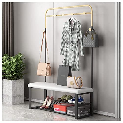 MYXJX Schuhbank, mit Sitzkissen 3 in 1 Schuhregal nizer mit 7 Haken Metallrahmen for Eingangsbereich und Wohnzimmer Schwarz Grau(Black Gray,100Cm) von MYXJX