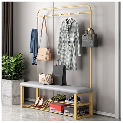 MYXJX Schuhbank, mit Sitzkissen 3 in 1 Schuhregal nizer mit 7 Haken Metallrahmen for Eingangsbereich und Wohnzimmer Schwarz Grau(Gold White,100Cm) von MYXJX