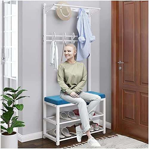 Schuhbank, 4-in-1-Eingangsbereich mit 15 Haken und 2-stufiger Schuhaufbewahrungsbank. Kleiderständer aus Metall und Schuhbank for Aufhängen von Jacken und Hüten(White+Black,80 * 33 * 172cm) von MYXJX