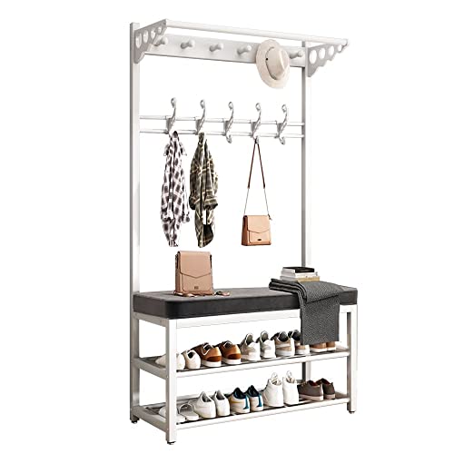 Schuhbank, 4-in-1-Eingangsbereich mit 15 Haken und 2-stufiger Schuhaufbewahrungsbank. Kleiderständer aus Metall und Schuhbank for Aufhängen von Jacken und Hüten(White+Blue,100 * 33 * 172cm) von MYXJX