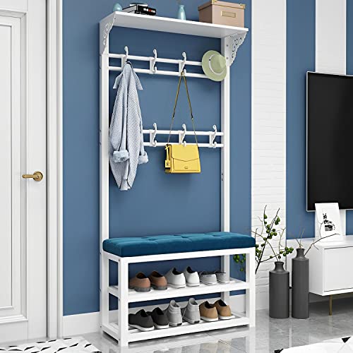Schuhbank, Garderoben- und Schuhregalbank aus Metall for den Eingangsbereich mit 11 Haken und freistehendem Schuhbankständer mit Kippschutz-Kits(White Blue,80cm) von MYXJX