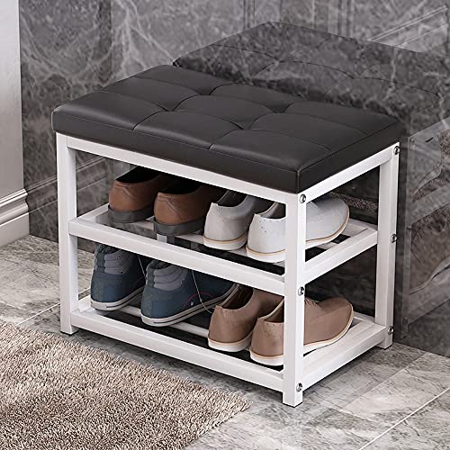 Schuhbank, Mit gepolsterter Sitzfläche, Metallablage und stabilem Stahlrahmen. 3-stufige Aufbewahrungsbank for den Eingangsbereich im Flur oder Wohnzimmer, trägt bis zu 150 kg.(Leather Black,50*45*30c von MYXJX