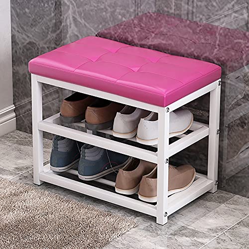 Schuhbank, Mit gepolsterter Sitzfläche, Metallablage und stabilem Stahlrahmen. 3-stufige Aufbewahrungsbank for den Eingangsbereich im Flur oder Wohnzimmer, trägt bis zu 150 kg.(Leather Pink,70*45*30cm von MYXJX