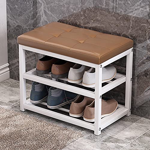 Schuhbank, Mit gepolsterter Sitzfläche, Metallablage und stabilem Stahlrahmen. 3-stufige Aufbewahrungsbank for den Eingangsbereich im Flur oder Wohnzimmer, trägt bis zu 150 kg.(Leather Brown,70*45*30c von MYXJX