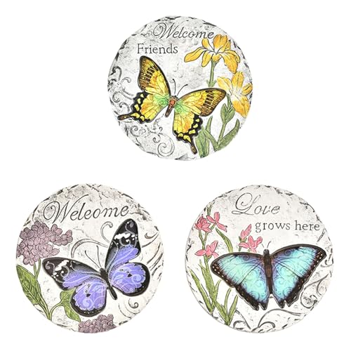 Trittsteine für den Garten, 3 Stück dreidimensionale runde Gehwegsteine ​​mit Schmetterlings-, Tier- oder Vogelaufdruck, lustiger süßer Trittstein for Hof und Rasen(Butterflies,24 cm) von MYXJX