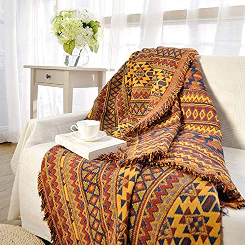MYYINGBIN Reversible Blanket Throw Bohemian Fransen Baumwolle Sesselbezug Bunte Stammesmuster Handgewebte Tischdecke, 90 * 90cm von MYYINGBIN
