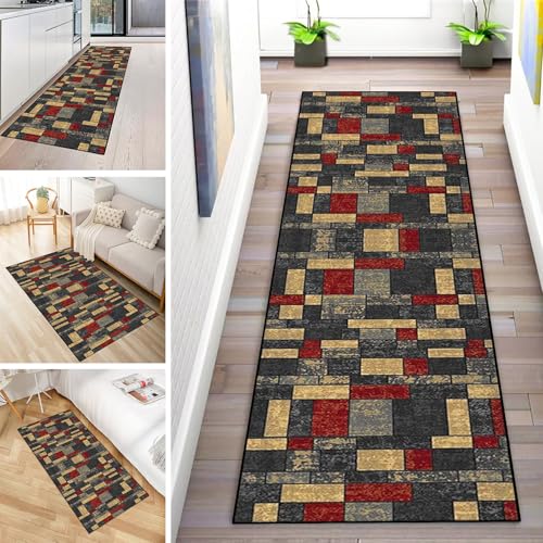 MYYNLI Teppich Läufer Flur rutschfest 100x100cm Rot Gelb Schwarz Schnittmuster Waschbar Meterware Schlafzimmer Korridor Teppichläufer Lang, Länge Anpassbare, Breite 40-120cm von MYYNLI