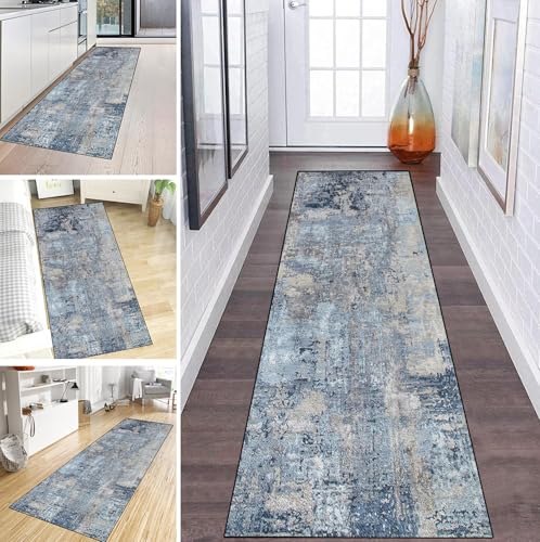 MYYNLI Teppich Läufer Flur rutschfest 100x150cm Blaue Tinte abstrakt Waschbar Meterware Schlafzimmer Korridor Teppichläufer Lang, Länge Anpassbare, Breite 40-120cm von MYYNLI
