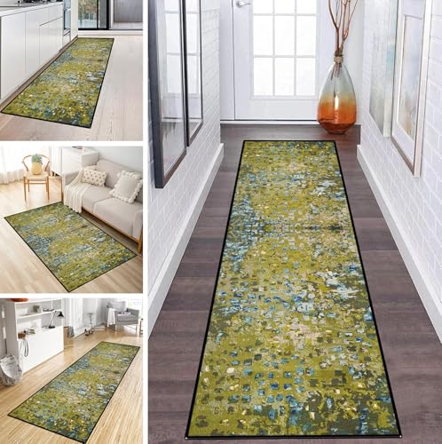 MYYNLI Teppich Läufer Flur rutschfest 100x420cm Grüne abstrakte Kunst Waschbar Meterware Schlafzimmer Korridor Teppichläufer Lang, Länge Anpassbare, Breite 40-120cm von MYYNLI