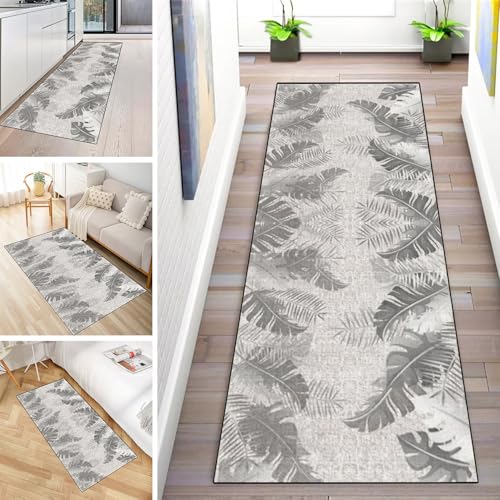 MYYNLI Teppich Läufer Flur rutschfest 120x350cm Graue Blätter Dekorative Kunst Muster Waschbar Meterware Schlafzimmer Korridor Teppichläufer Lang, Länge Anpassbare, Breite 40-120cm von MYYNLI