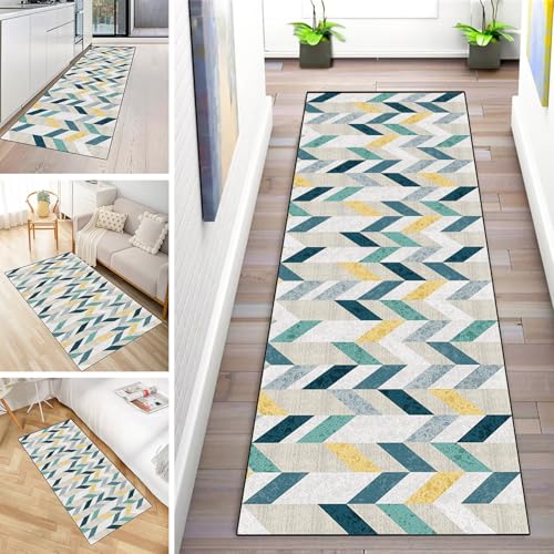 MYYNLI Teppich Läufer Flur rutschfest 120x350cm Symmetrische Kunstmuster mit blauegelben Linien Waschbar Meterware Schlafzimmer Korridor Teppichläufer Lang, Länge Anpassbare, Breite 40-120cm von MYYNLI