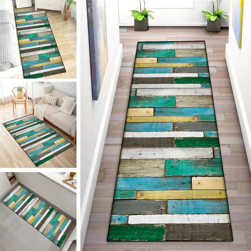 MYYNLI Teppich Läufer Flur rutschfest 120x500cm Blau-Grüne Holzplatten Waschbar Meterware Schlafzimmer Korridor Teppichläufer Lang, Länge Anpassbare, Breite 40-120cm von MYYNLI