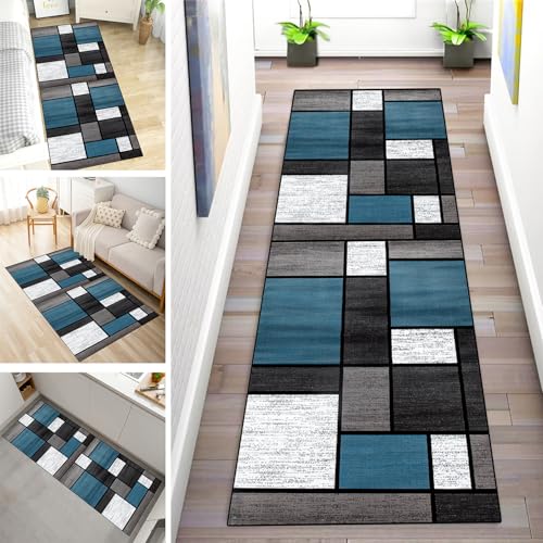 MYYNLI Teppich Läufer Flur rutschfest 40x100cm Blaues Gittermuster Waschbar Meterware Schlafzimmer Korridor Teppichläufer Lang, Länge Anpassbare, Breite 40-120cm von MYYNLI