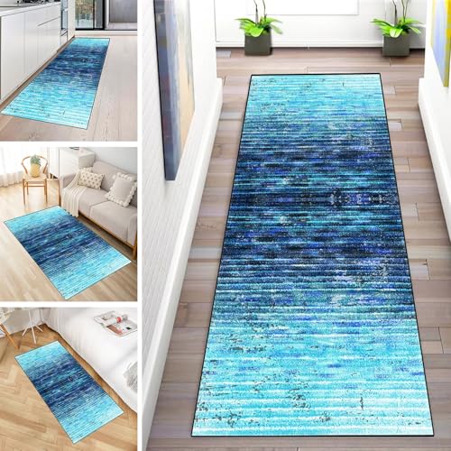 MYYNLI Teppich Läufer Flur rutschfest 40x200cm Blaue Streifenmuster Waschbar Meterware Schlafzimmer Korridor Teppichläufer Lang, Länge Anpassbare, Breite 40-120cm von MYYNLI