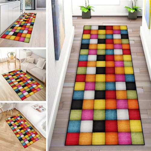 MYYNLI Teppich Läufer Flur rutschfest 40x300cm Siebenfarbiges Gitter Waschbar Meterware Schlafzimmer Korridor Teppichläufer Lang, Länge Anpassbare, Breite 40-120cm von MYYNLI