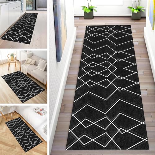 MYYNLI Teppich Läufer Flur rutschfest 40x380cm Schwarzes Linienmuster Waschbar Meterware Schlafzimmer Korridor Teppichläufer Lang, Länge Anpassbare, Breite 40-120cm von MYYNLI