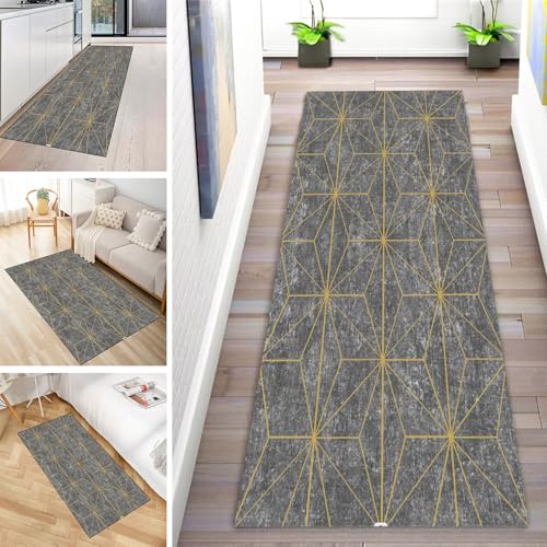 MYYNLI Teppich Läufer Flur rutschfest 50x120cm Grau-goldene Streifen Waschbar Meterware Schlafzimmer Korridor Teppichläufer Lang, Länge Anpassbare, Breite 40-120cm von MYYNLI