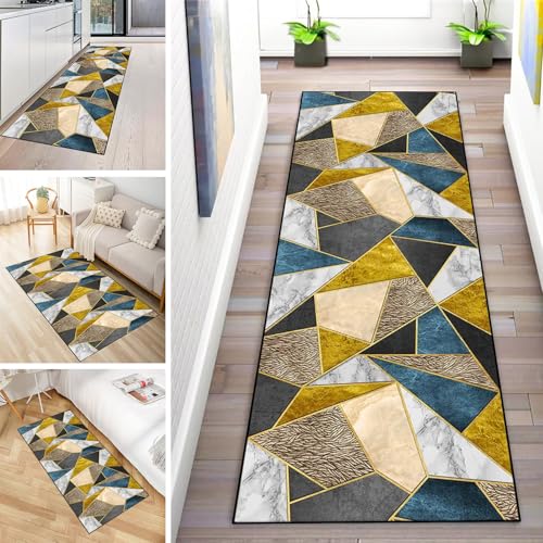 MYYNLI Teppich Läufer Flur rutschfest 50x220cm Blau-goldenes Glasfragment Splice-Muster Waschbar Meterware Schlafzimmer Korridor Teppichläufer Lang, Länge Anpassbare, Breite 40-120cm von MYYNLI