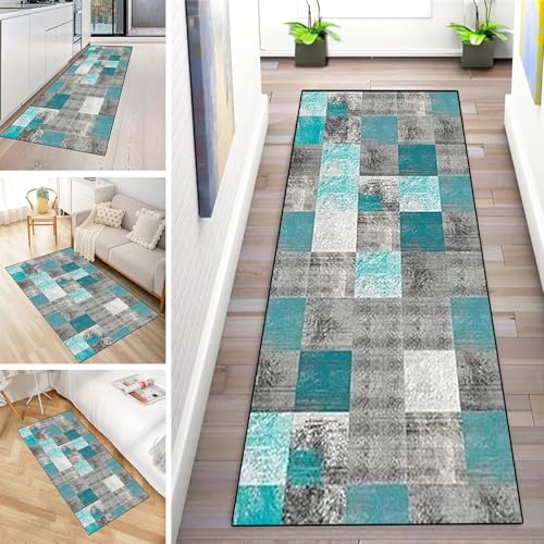 MYYNLI Teppich Läufer Flur rutschfest 50x480cm Blau-Grau-Gitter-Splice-Muster Waschbar Meterware Schlafzimmer Korridor Teppichläufer Lang, Länge Anpassbare, Breite 40-120cm von MYYNLI