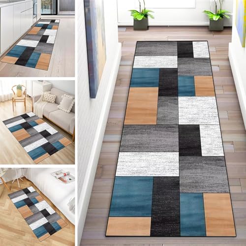 MYYNLI Teppich Läufer Flur rutschfest 60x100cm Blau Grau Orange Vintage Waschbar Meterware Schlafzimmer Korridor Teppichläufer Lang, Länge Anpassbare, Breite 40-120cm von MYYNLI