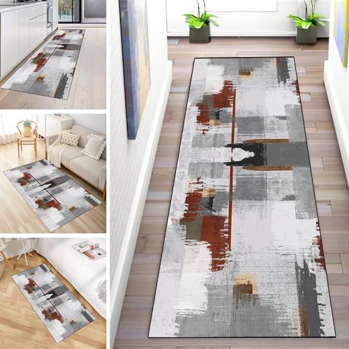 MYYNLI Teppich Läufer Flur rutschfest 60x200cm Rot-Grau-Schnittmuster Waschbar Meterware Schlafzimmer Korridor Teppichläufer Lang, Länge Anpassbare, Breite 40-120cm von MYYNLI