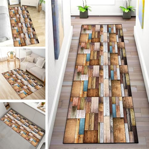 MYYNLI Teppich Läufer Flur rutschfest 60x400cm Retro Holzplatten Waschbar Meterware Schlafzimmer Korridor Teppichläufer Lang, Länge Anpassbare, Breite 40-120cm von MYYNLI