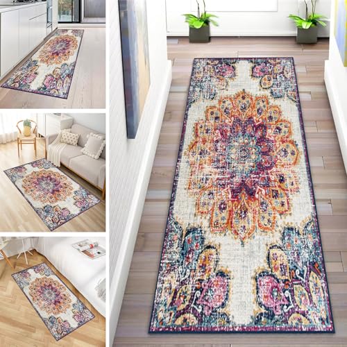 MYYNLI Teppich Läufer Flur rutschfest 70x280cm Lila Orange Blumen Vintage Stil Waschbar Meterware Schlafzimmer Korridor Teppichläufer Lang, Länge Anpassbare, Breite 40-120cm von MYYNLI
