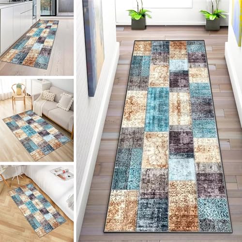 MYYNLI Teppich Läufer Flur rutschfest 70x320cm Blau Gold Retro Waschbar Meterware Schlafzimmer Korridor Teppichläufer Lang, Länge Anpassbare, Breite 40-120cm von MYYNLI