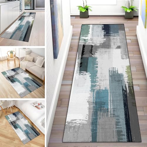 MYYNLI Teppich Läufer Flur rutschfest 70x380cm Blau-Grau-Schnittmuster Waschbar Meterware Schlafzimmer Korridor Teppichläufer Lang, Länge Anpassbare, Breite 40-120cm von MYYNLI