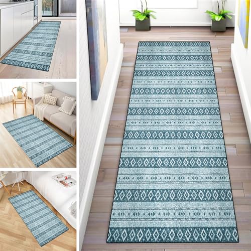 MYYNLI Teppich Läufer Flur rutschfest 80x150cm Bohemian-Stil-Blau Waschbar Meterware Schlafzimmer Korridor Teppichläufer Lang, Länge Anpassbare, Breite 40-120cm von MYYNLI