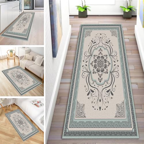 MYYNLI Teppich Läufer Flur rutschfest 80x500cm Hellblaue Blumen im Vintage-Stil Waschbar Meterware Schlafzimmer Korridor Teppichläufer Lang, Länge Anpassbare, Breite 40-120cm von MYYNLI