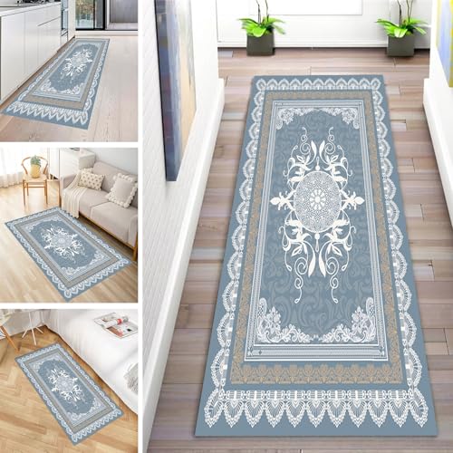 MYYNLI Teppich Läufer Flur rutschfest 90x120cm Blaue Blumen im Vintage-Stil Waschbar Meterware Schlafzimmer Korridor Teppichläufer Lang, Länge Anpassbare, Breite 40-120cm von MYYNLI