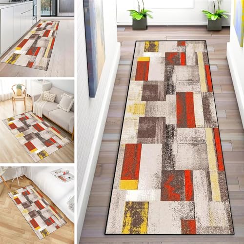 MYYNLI Teppich Läufer Flur rutschfest 90x120cm Rot Gelb Weiß Retro Waschbar Meterware Schlafzimmer Korridor Teppichläufer Lang, Länge Anpassbare, Breite 40-120cm von MYYNLI