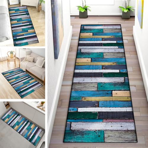 MYYNLI Teppich Läufer Flur rutschfest 90x200cm Blaue Holzplatte Waschbar Meterware Schlafzimmer Korridor Teppichläufer Lang, Länge Anpassbare, Breite 40-120cm von MYYNLI