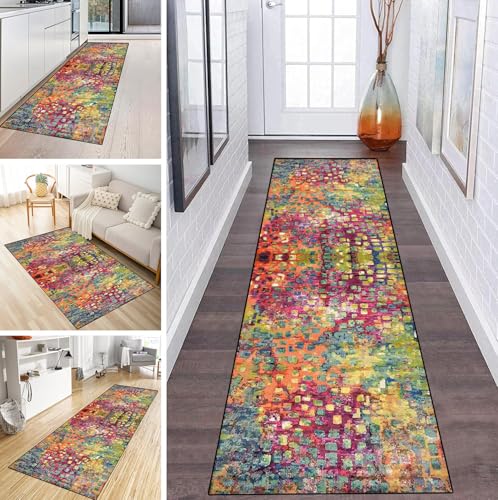 MYYNLI Teppich Läufer Flur rutschfest 90x350cm Blaue grüne rote abstrakte Kunst Waschbar Meterware Schlafzimmer Korridor Teppichläufer Lang, Länge Anpassbare, Breite 40-120cm von MYYNLI