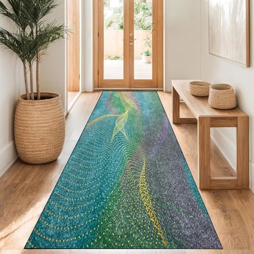 MYYNLI Teppich Läufer Flur rutschfest 90x420cm Aurora Kunst Muster Waschbar Meterware Schlafzimmer Korridor Teppichläufer Lang, Länge Anpassbare, Breite 40-120cm MYYNLI Teppich Läufer Flur rutschfest 90x420cm Aurora Kunst Muster Waschbar Meterware Schlafzimmer Korridor Teppichläufer Lang, Länge Anpassbare, Breite 40-120cm von MYYNLI
