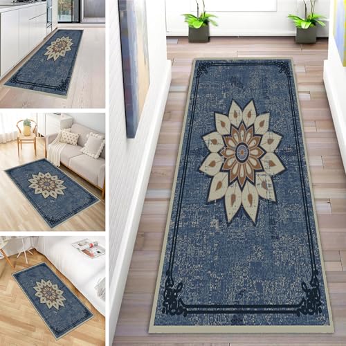 MYYNLI Teppich Läufer Flur rutschfest 90x450cm Dunkelblaue Blumen im Vintage-Stil Waschbar Meterware Schlafzimmer Korridor Teppichläufer Lang, Länge Anpassbare, Breite 40-120cm von MYYNLI