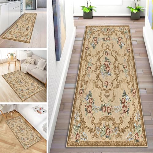 MYYNLI Teppich Läufer Flur rutschfest 90x480cm Gelbe Blumen im Vintage-Stil Waschbar Meterware Schlafzimmer Korridor Teppichläufer Lang, Länge Anpassbare, Breite 40-120cm von MYYNLI