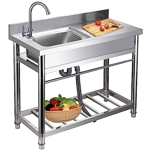 Allzweckspüle – freistehende Küchenspüle aus Edelstahl mit großer Arbeitsstation, Kalt- und Warmwasserleitung, Unterregal, Wasserhahn und Abtropffläche von MZBDYYF