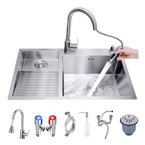 MZBDYYF 304 Edelstahl-Wäschebecken mit ausziehbarem Wasserhahn, Seifenspender und Ablauf-Sets, große Doppelschüssel-Waschspüle mit Waschbrett, silberfarbene Waschwanne, Waschtisch MZBDYYF 304 Edelstahl-Wäschebecken mit ausziehbarem Wasserhahn, Seifenspender und Ablauf-Sets, große Doppelschüssel-Waschspüle mit Waschbrett, silberfarbene Waschwanne, Waschtisch von MZBDYYF