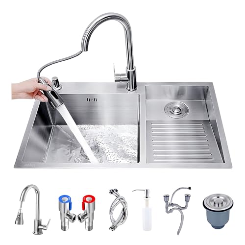MZBDYYF 304 Edelstahl-Wäschebecken mit ausziehbarem Wasserhahn, Seifenspender und Ablauf-Sets, große Doppelschüssel-Waschspüle mit Waschbrett, silberfarbene Waschwanne, Waschtisch MZBDYYF 304 Edelstahl-Wäschebecken mit ausziehbarem Wasserhahn, Seifenspender und Ablauf-Sets, große Doppelschüssel-Waschspüle mit Waschbrett, silberfarbene Waschwanne, Waschtisch von MZBDYYF