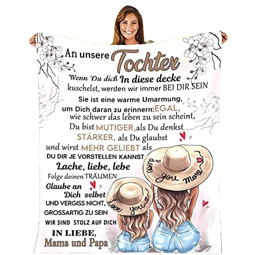 MZIEIU Personalisierte Decke Geschenke An unseren Tochter von Eltern, Deutsche Mama und Papa für Tochter Briefdecke Positiv Ermutigen Flauschige Wohndecke von MZIEIU