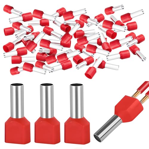 200 Stück 10mm² Aderendhülsen 18mm Lang Aderendhülse Teillisoliert PVC Kabel-Verbinder aus Kupfer verzinnt für Drahtverbindung, Doppel Rot Twin Zwilling Aderendhülsen Set Isoliert von MZOYOURO